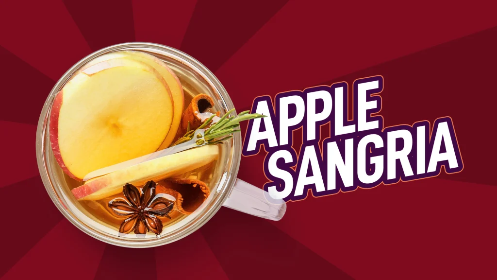 : A glass filled with sangria adjacent to the text ‘apple sangria’, set against a maroon background.