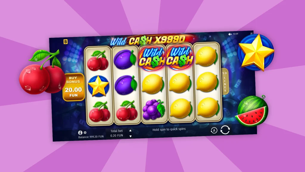 An illustrated casino slot reel from the Cafe Casino slots game Wild Cash X9990, featuring various fruits and symbols, set against a violet background.