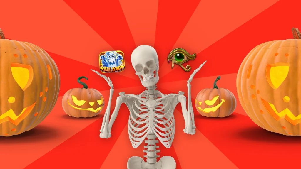 There’s a red background with four jack-o-lanterns. A skeleton in the middle holds up slot symbols