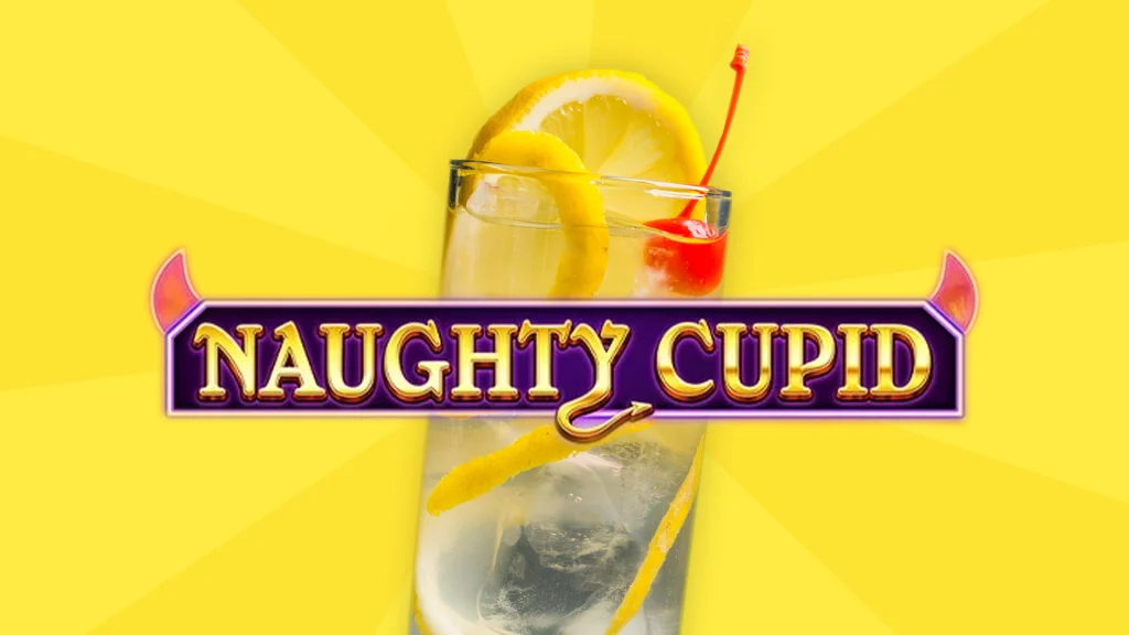 The text says ‘Naughty Cupid’ in front of a cocktail and a bright yellow background.