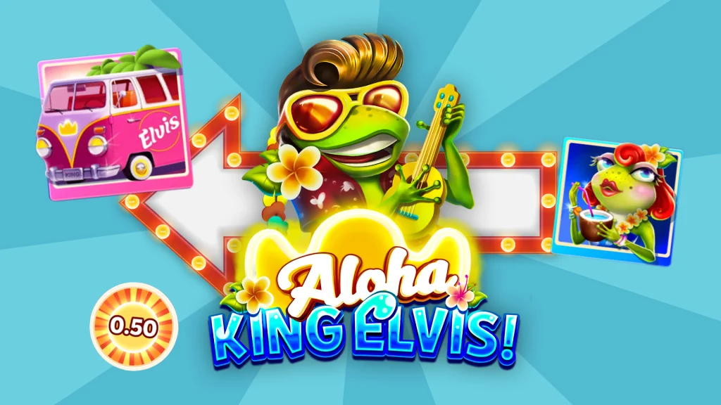A frog that’s dressed like Elvis plays a ukulele over text that says ‘Aloha King Elvis’ and there are symbols decorated in retro 1970s surrounding it all on a teal background. 