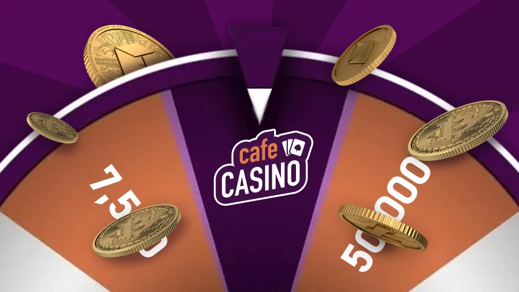 Gold coins float around a wheel with numbers and the pointer on ‘Cafe Casino’, all on a dark purple background. 