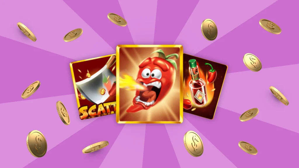 A cleaver, a screaming chili with fire coming out of its mouth, and a bottle of hot sauce are surrounded by gold coins and it’s all on a light purple background.
