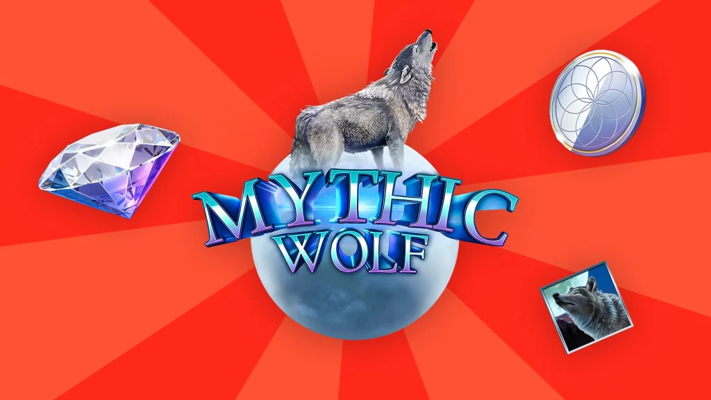 Text in the middle says ‘Mythic Wolf’ and just behind it is a moon with a wolf on top that’s howling. Slot symbols surround everything and it’s on a red background.