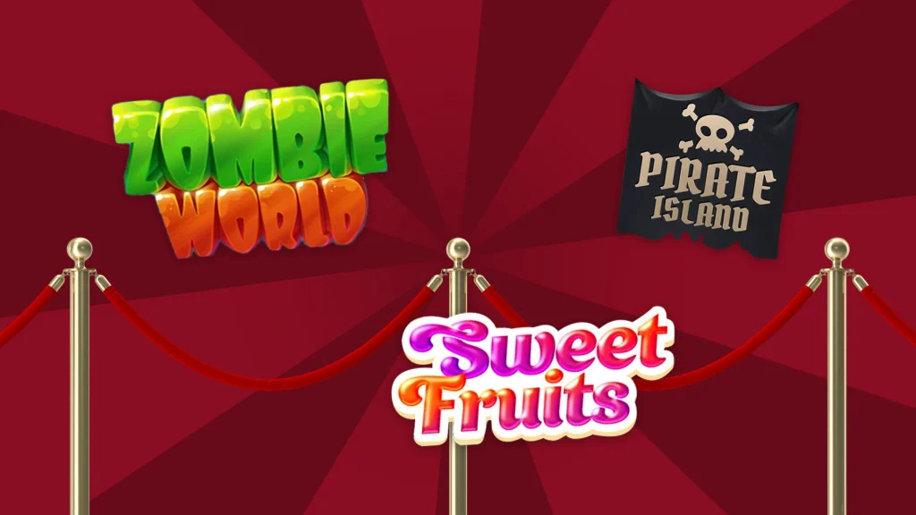There’s a red velvet rope and behind it are names of slot games that say ‘Zombie World’, ‘Sweet Fruits’ and ‘Pirate Island’.