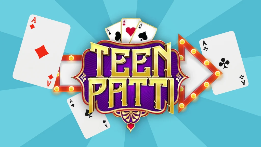 The words ‘Teen Patti’ are in the center of a teal background with playing cards surrounding it on all sides.