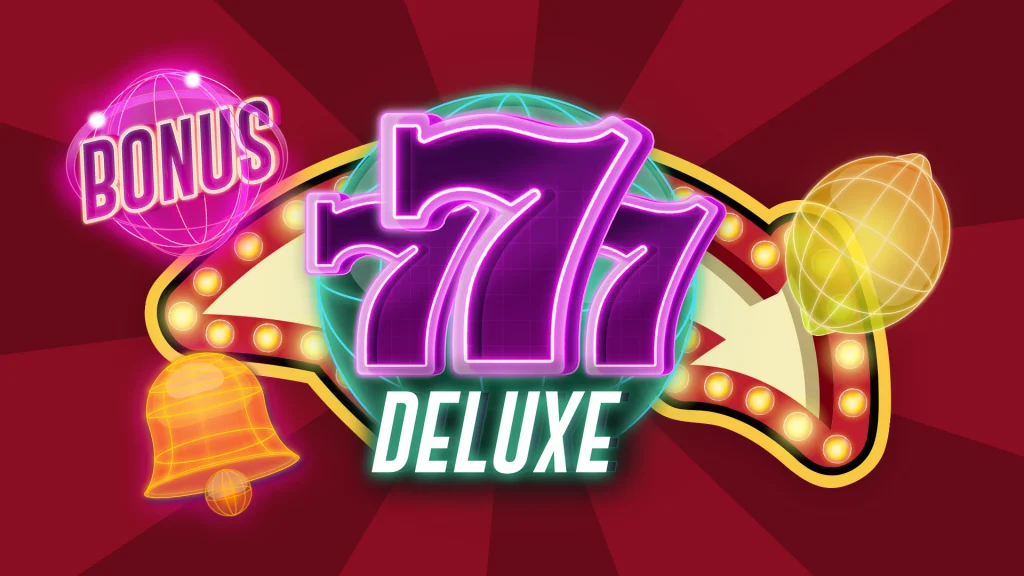 A bonus symbol, bell, and lemon are on all sides of a lit-up marquee sign with ‘777 Deluxe’ front and center.