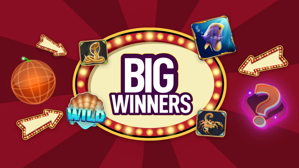 On a maroon background is a marquee with the words ‘Big Winners’ inside, and various slot symbols are on either side.