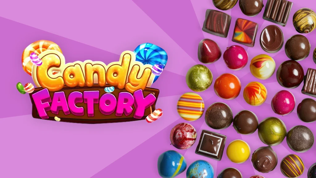 On a light purple background we have text that says ‘Candy Factory’ on the left and an assortment of chocolates and candies displayed on the right.