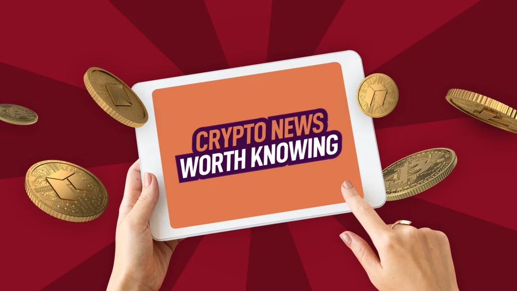 With a dark red background there is a tablet that says “Crypto News Worth Knowing” and gold coins floating all around it.