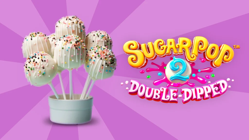 There are double-dipped cake pops with sprinkles on the left-hand side and on the right is text that says ‘Sugar Pop Double-dipped”, and it’s all on a light purple background