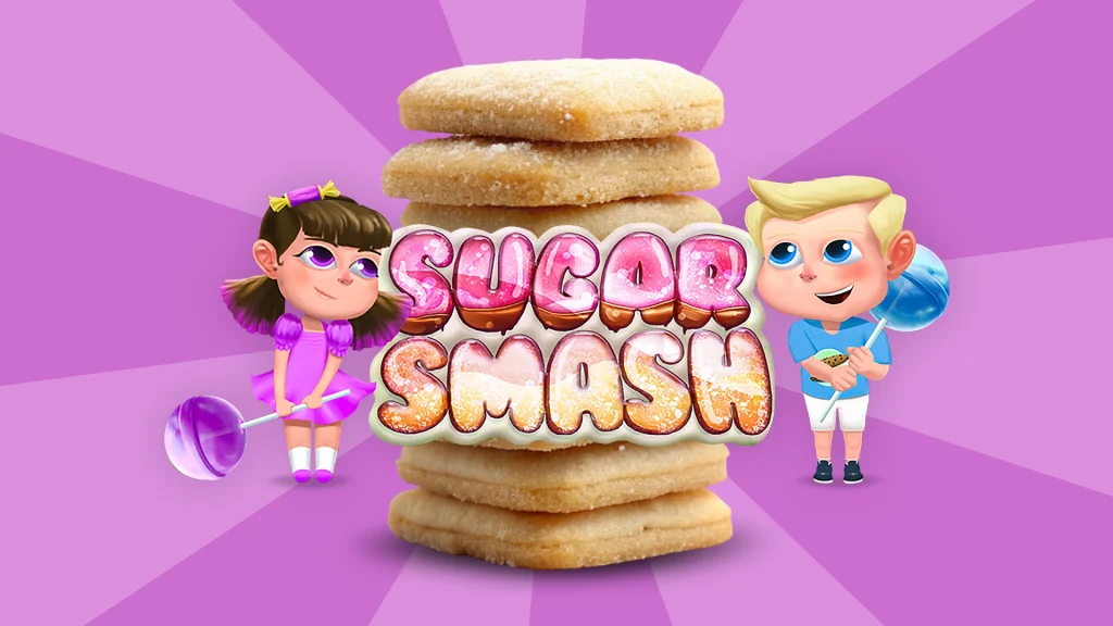 Two cute characters stare lovingly at a stack of sugar cookies and words that say ‘Sugar Smash’ in the middle and it’s all over a light purple background. 