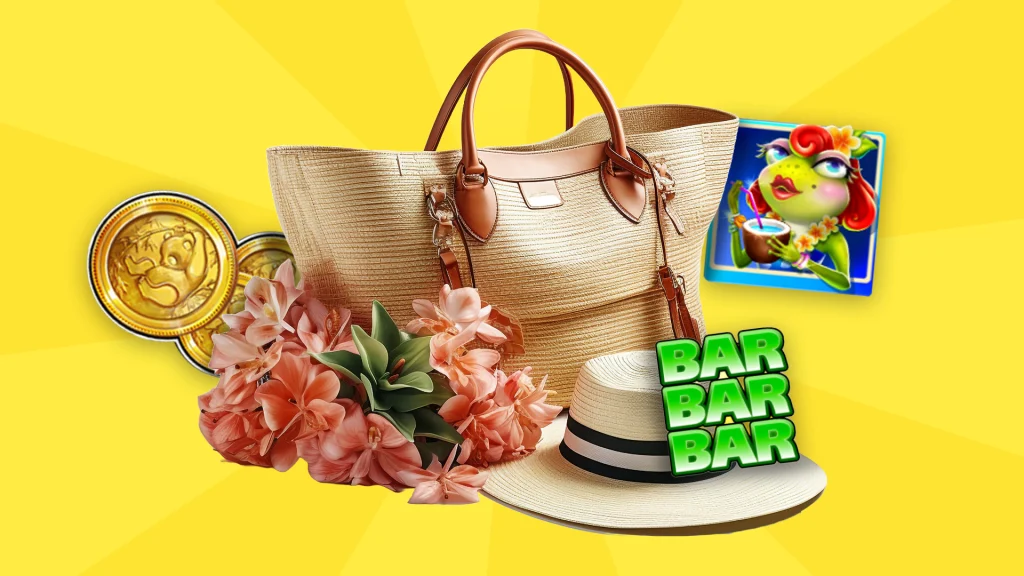 We see a tote back, a sun hat, a lei, and various slot symbols on a bright yellow background