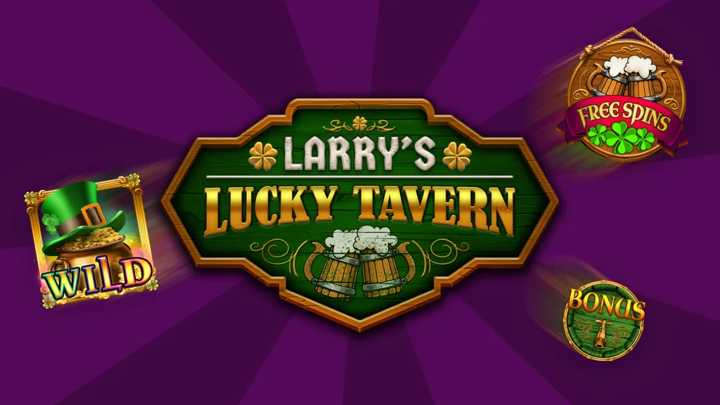 There’s a wooden sign on a dark purple background that says “Larry’s Lucky Tavern” with symbols of a leprechaun hat, clinking beers, and a keg spout. 