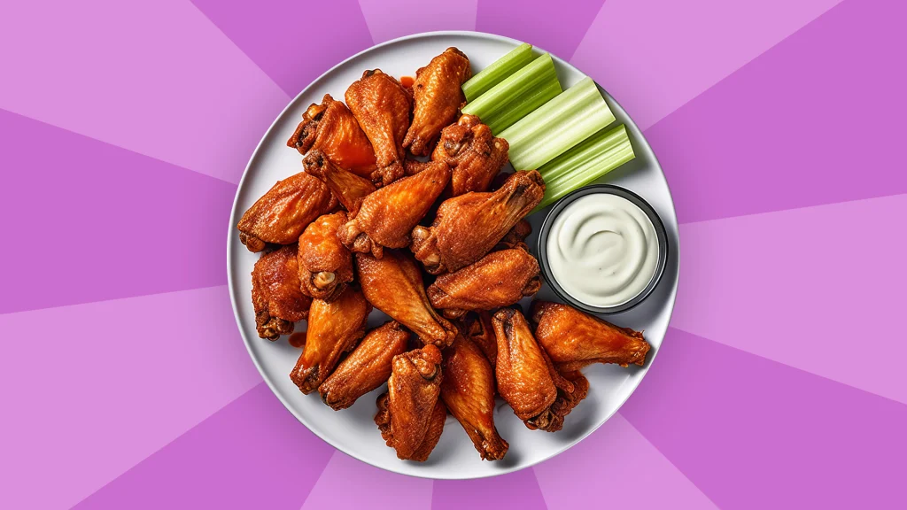 Buffalo wings are on white plate with celery and dipping sauce and it’s all displayed on a purple background.