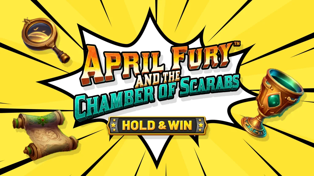 Unleash your inner geek. Exploding word "April Fury and the Chamber of Scarabs" on a yellow background. 