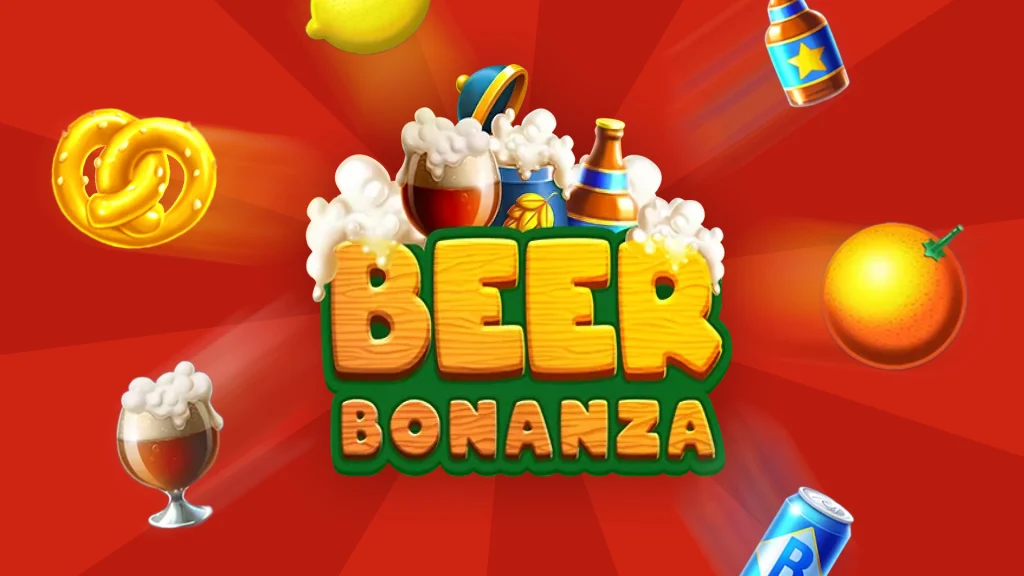 The overall image is red and the text in the middle says ‘Beer Bonanza’ with thematic slot symbols floating around it.