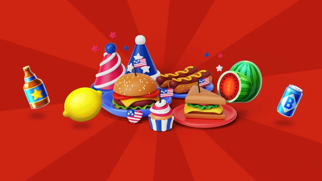 There are various slot symbols surrounding a burger on a plate and bottles and cans of beer, all on a red background.