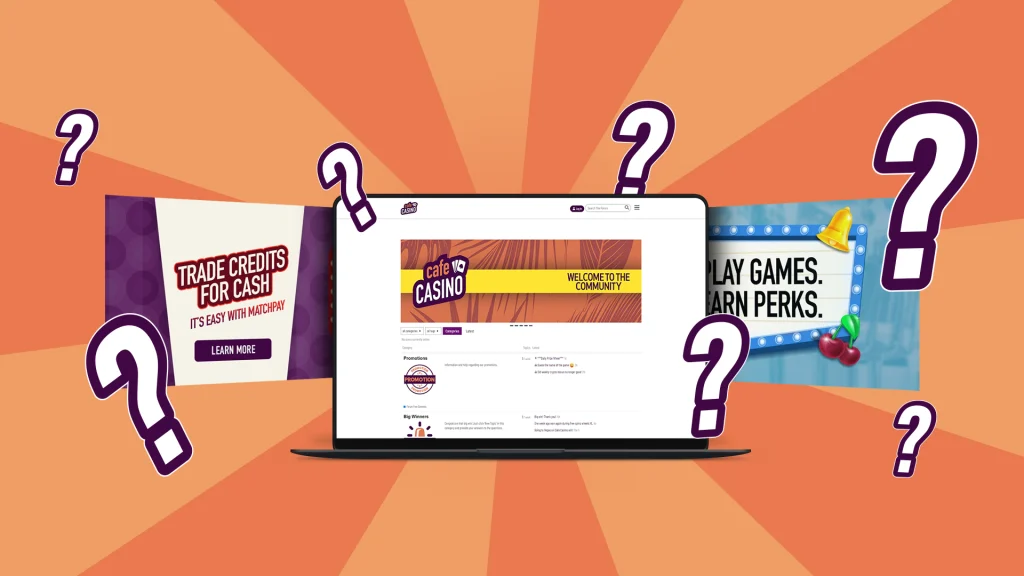 An orange background shows an online slots forum on a laptop with two screens next to it, all surrounded by question marks.