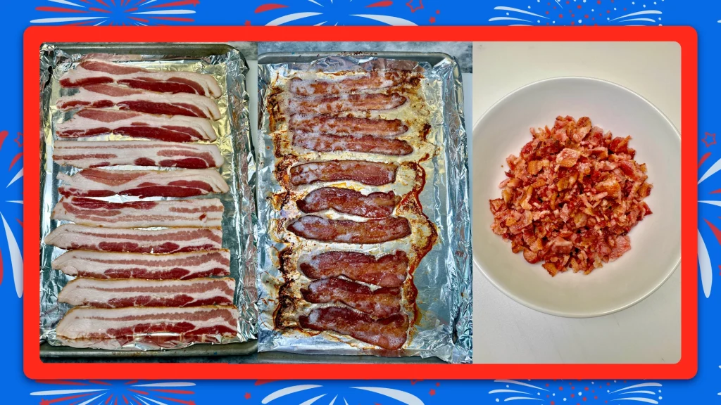 Image collage showing the three stages of crispy bacon preparation. Raw placed on pan, baked then chopped.