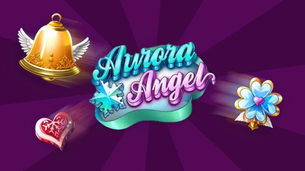 On a purple background, various slot symbols surround text that says, ‘Aurora Angel’ with an icey snowflake to the bottom left of the text. 