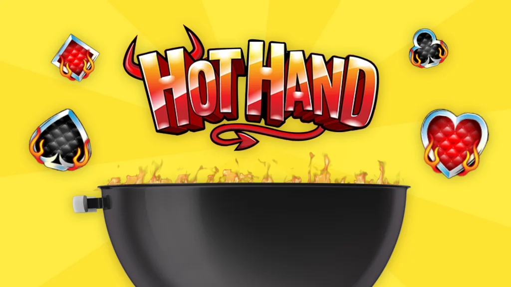 ‘Hot Hand’ slot game logo is written above a charcoal barbecue grill, on a yellow background.