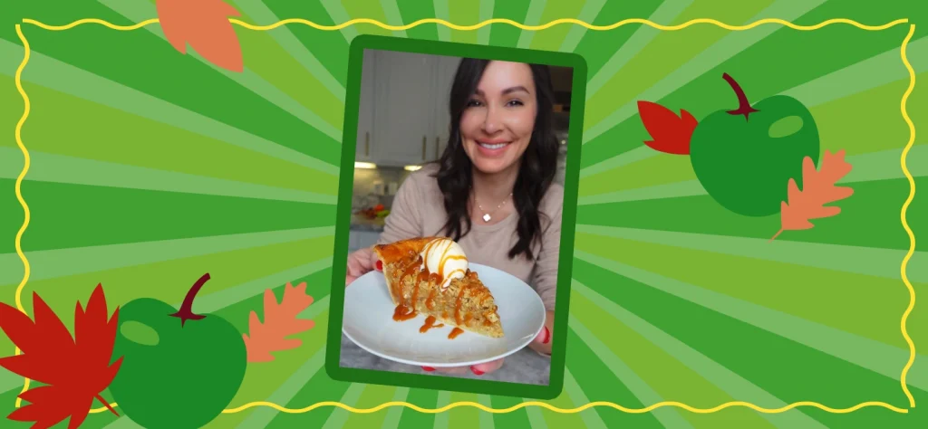 Chef Genevieve is featured in a green rectangle with a slice of caramel apple pie on a green background featuring apples and leaves.