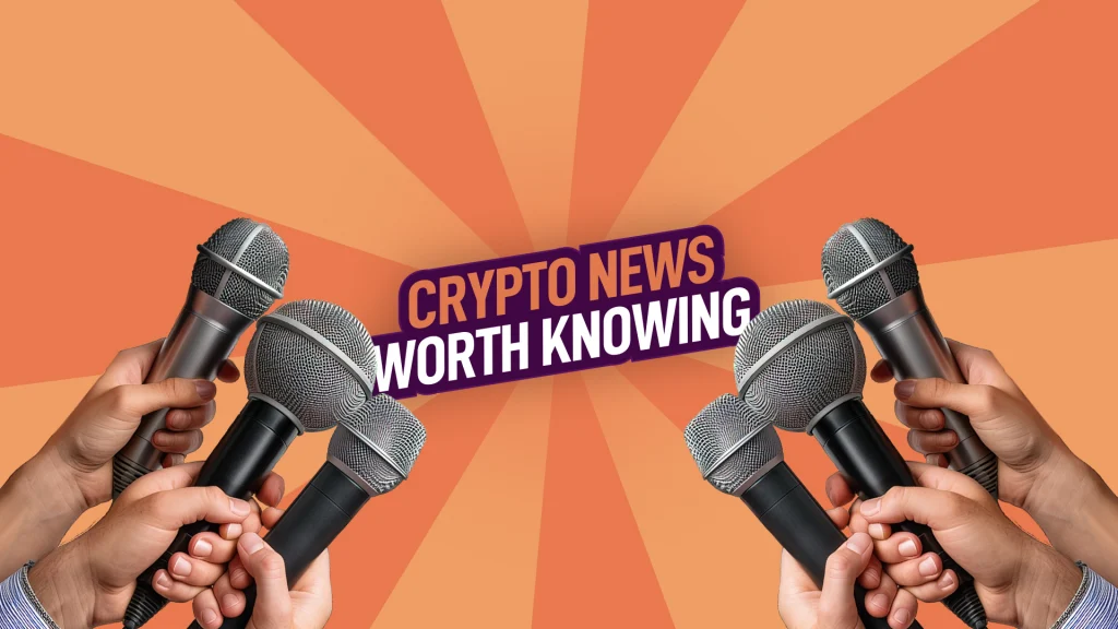 On an orange background, multiple microphones on either side surround the words Crypto news worth knowing