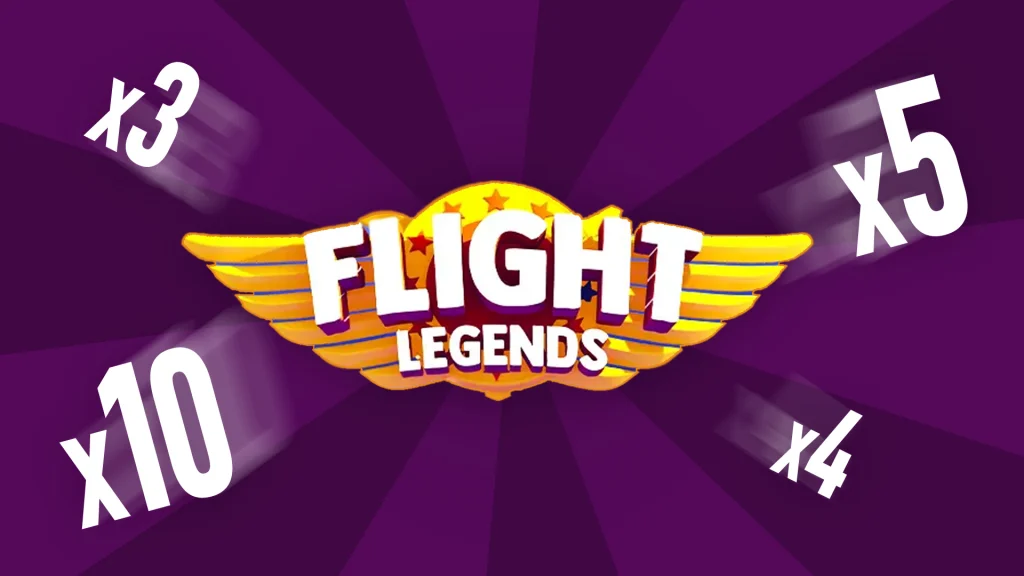 On a dark purple background, there are various multipliers flying around text that says ‘Flight Legends’. 