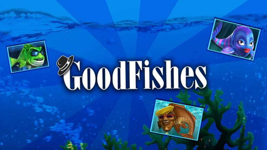 The title ‘GoodFishes’ is front and center and symbols of gangster fish are swimming around it inside the ocean. 