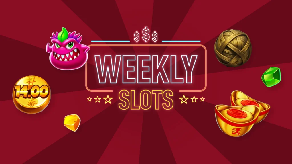 On a dark red background are the words Weekly Slots with some fruit themed slot symbols surrounding it