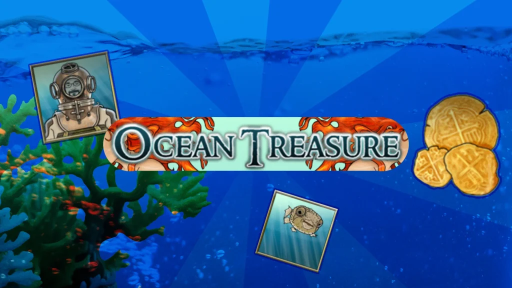 A scuba diver, a puffer fish, and gold shells are floating in a blue ocean, and the words ‘Ocean Treasure’ are in the center. 