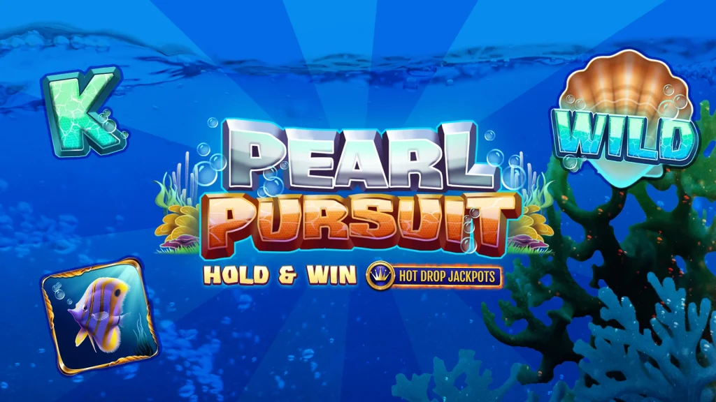 In the center, we see the title ‘Pearl Pursuit Hold & Win Hot Drop Jackpots’ and various slot symbols surrounding it, all underwater in a deep blue color. 