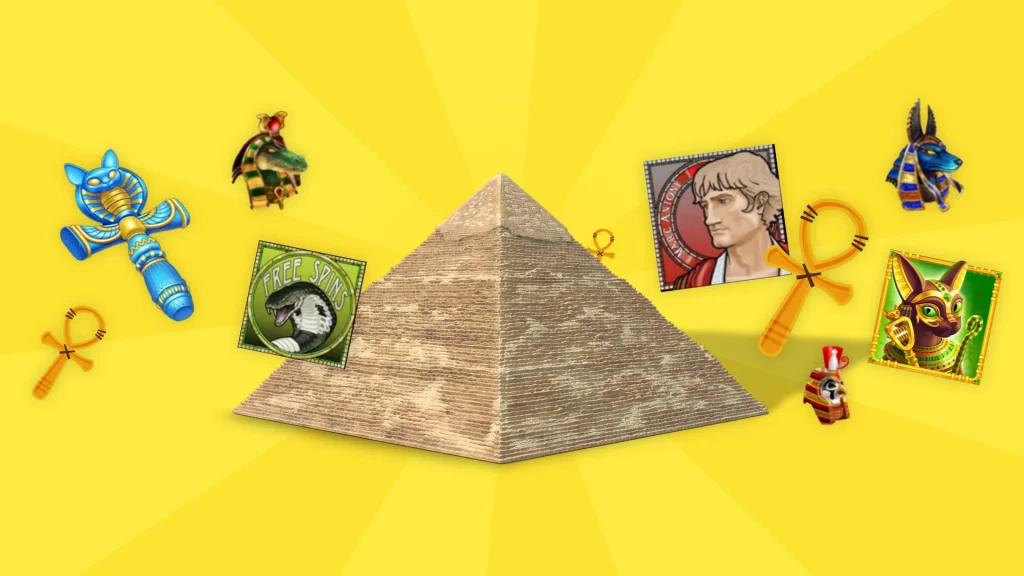 On a bright yellow background we see a pyramid surrounded by various Egyptian slot symbols like the ankh, serpents, and Bastet.