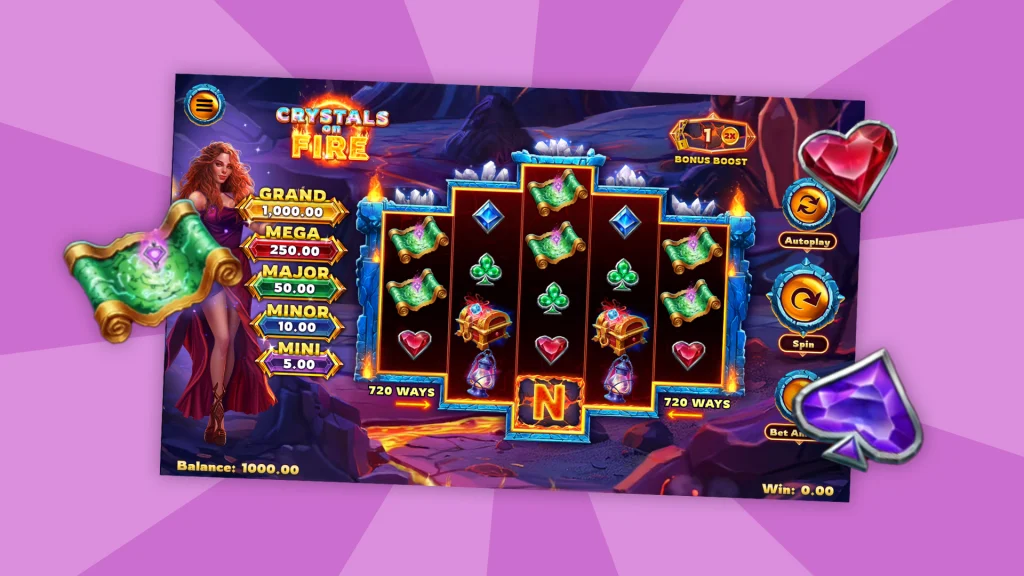 An image of a slot screen in action with a red-haired sorceress is displayed over a light purple background.