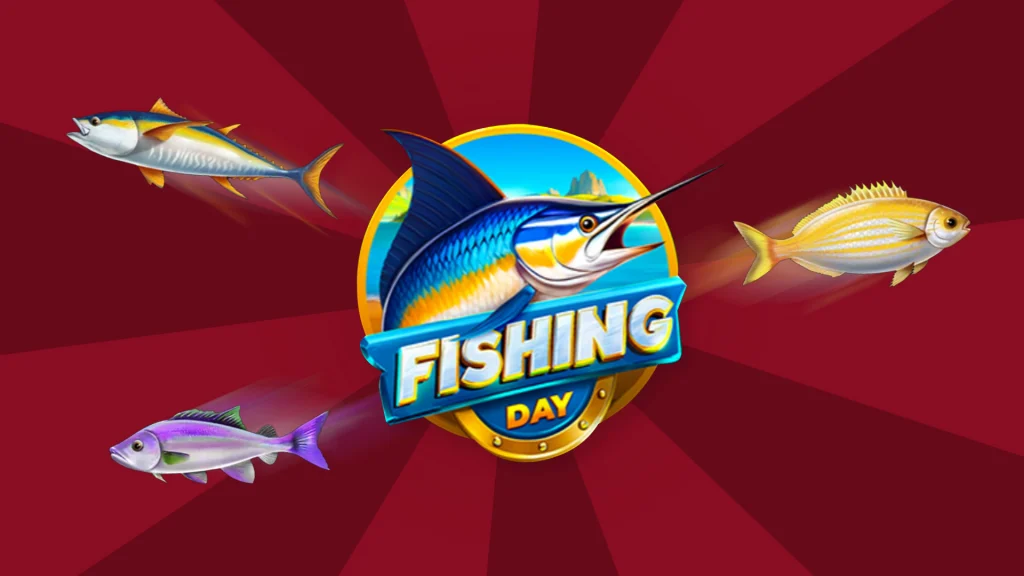 A big marlin is in the middle of a circle with the words ‘Fishing Day” just below it, and the logo is surrounded by fish, all on a dark red background. 