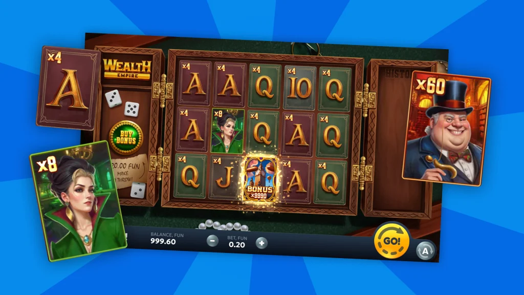 There’s a slot screen showing various steampunk-inspired symbols with Victorian-era characters spinning over a dark blue background. 