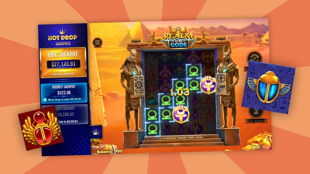 A slot screen shows the Egyptian gods Horus and Anubis holding stone tablets. Hot Drop Jackpots are to the left, and Egyptian symbols surround everything on a peach background. 