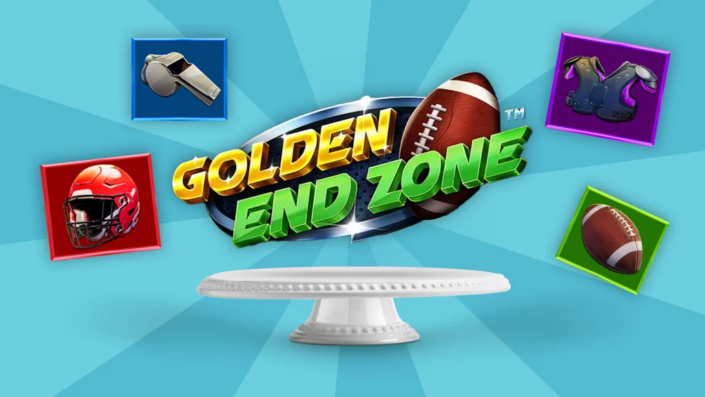 Symbols depicting football gear like a helmet, whistle, and football are shown around text that says ‘Golden End Zone,’ and that’s hovering above an open cake tray. 