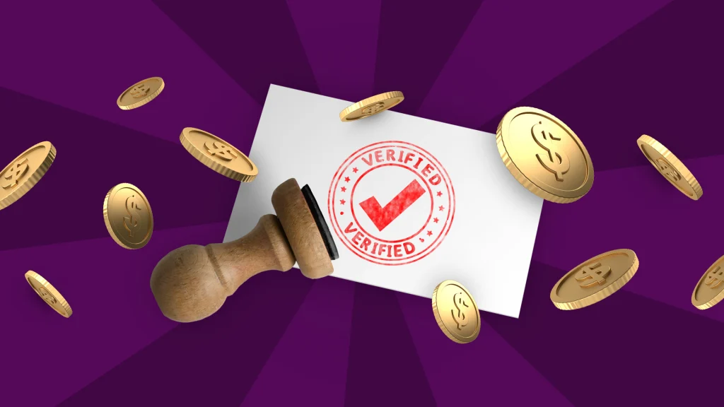 A verified stamp on a slip of paper with coins floating appears on a dark purple background