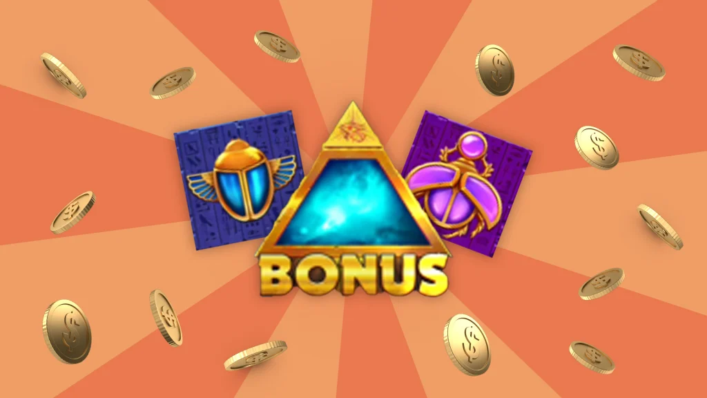 Symbols of scarabs from this Cafe Casino online slot surround a glowing temple and the word “BONUS” beneath it; all on a peach background.