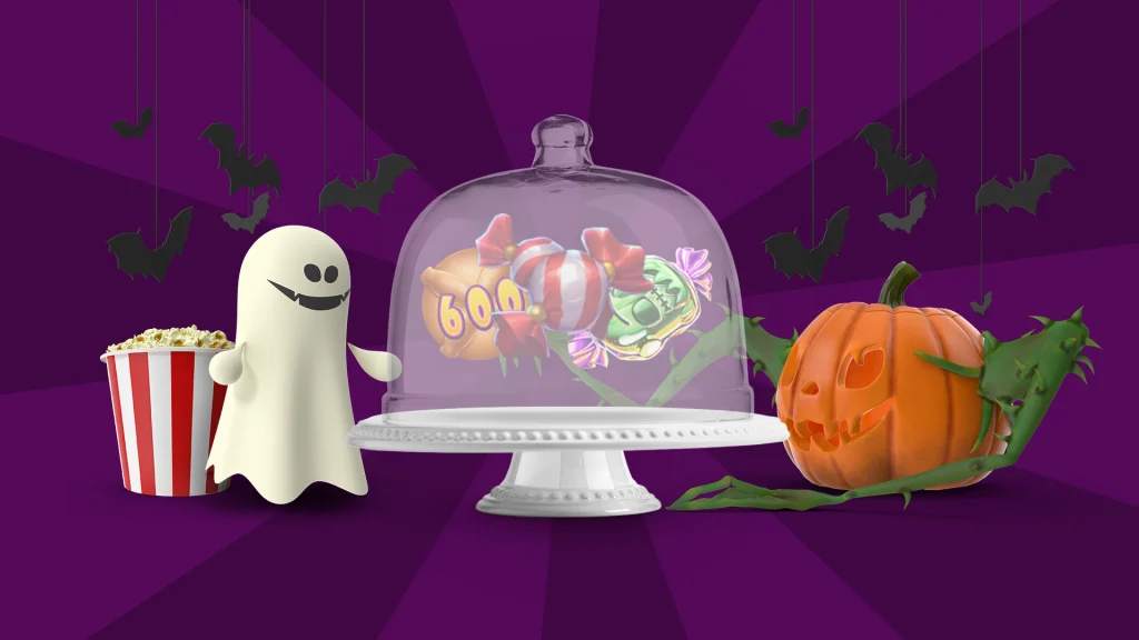 With a dark purple background there’s a ghost and a tub of popcorn to the right of a cake tray holding candies and a pumpkin is to the right.