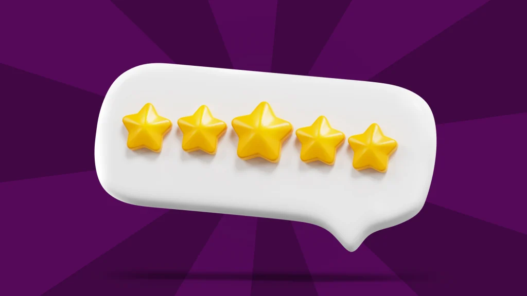 A speech bubble with 5 stars appears on a dark purple background