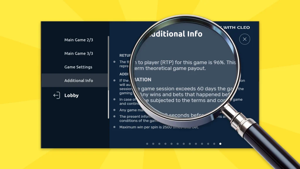 A magnifying glass is held against a black paytable and it’s focusing on the slot game’s RTP percentage. 