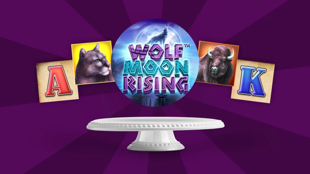 Various pictures of animals surround a full moon with the text ‘Wolf Moon Rising’ and it’s over a white cake tray on a dark purple backdrop.  