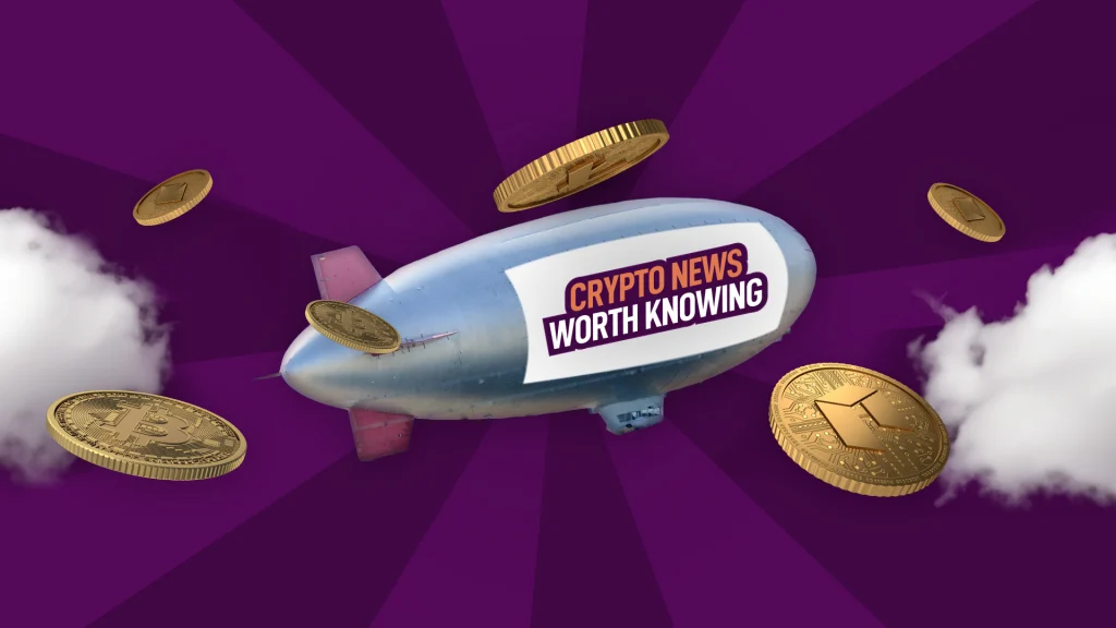 A blimp on a purple background bears the words "Crypto news worth knowing" surrounded by coins and clouds