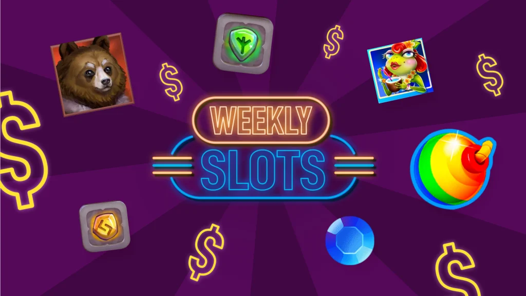 on a purple background, the words in a neon sign "Weekly Slots" appear surrounded by rune symbols, dollar signs and other slot symbols