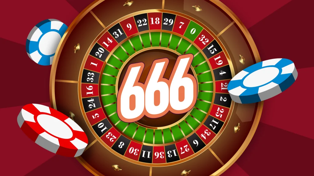 A red image shows a roulette wheel with betting chips surrounding it and ‘666’ displayed in the middle.