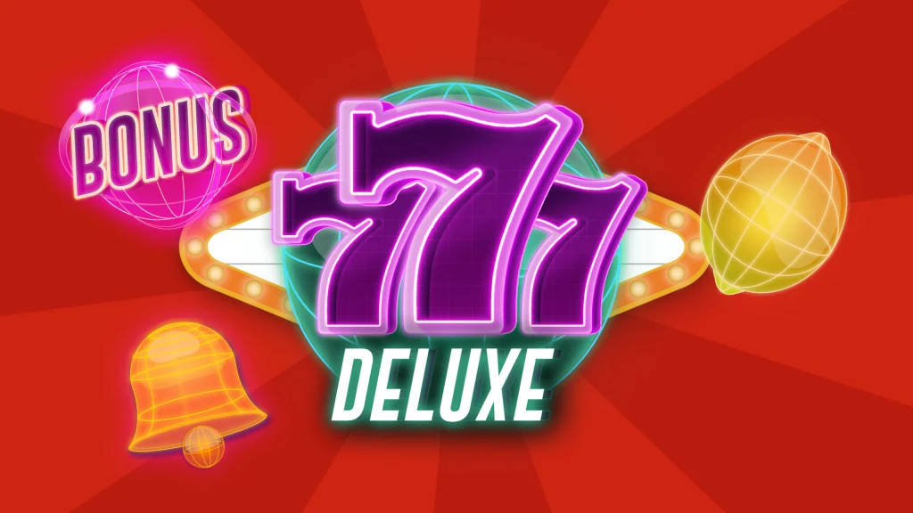 Big, bright purple block numbers and letters say “777 Deluxe” over a bright red background. Surrounding it are a bell, a lemon, and a pink “bonus” symbol. 