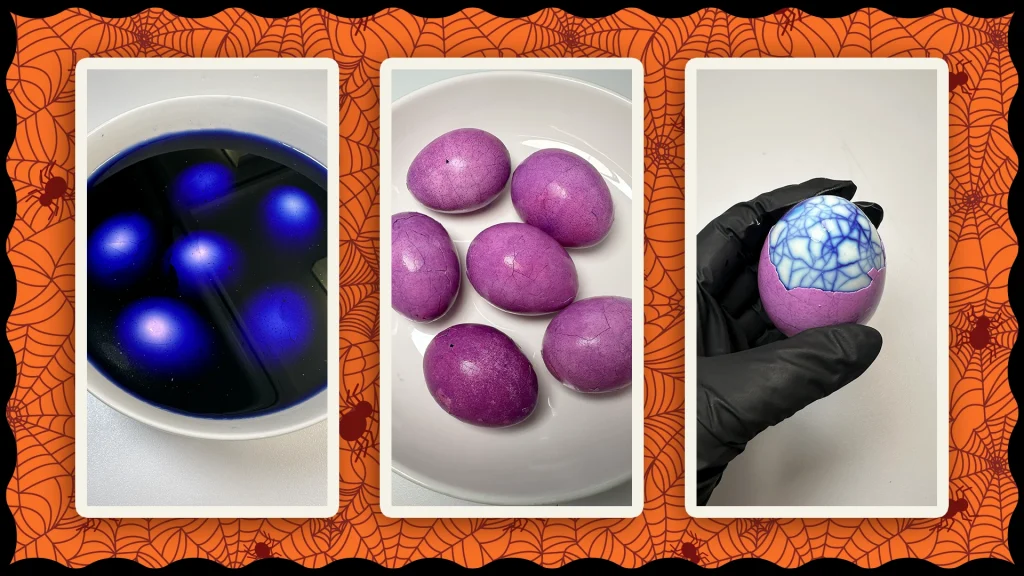 Photos show the cracked boiled eggs submerged in food dye, then peeled to show the spiderweb look of the boiled egg